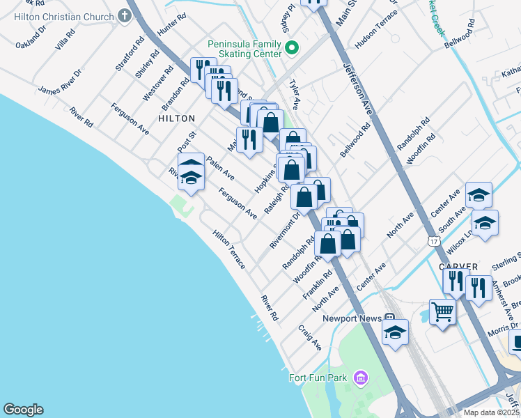 map of restaurants, bars, coffee shops, grocery stores, and more near 62 Raleigh Road in Newport News