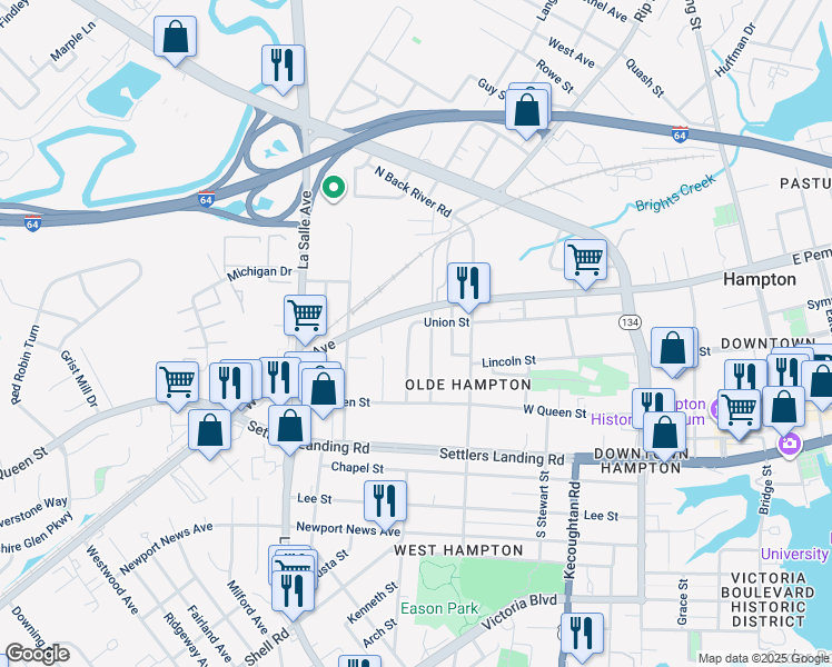 map of restaurants, bars, coffee shops, grocery stores, and more near 114 Redwood Street in Hampton