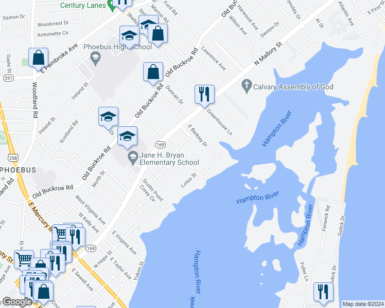 map of restaurants, bars, coffee shops, grocery stores, and more near 1211 Tulip St in Hampton