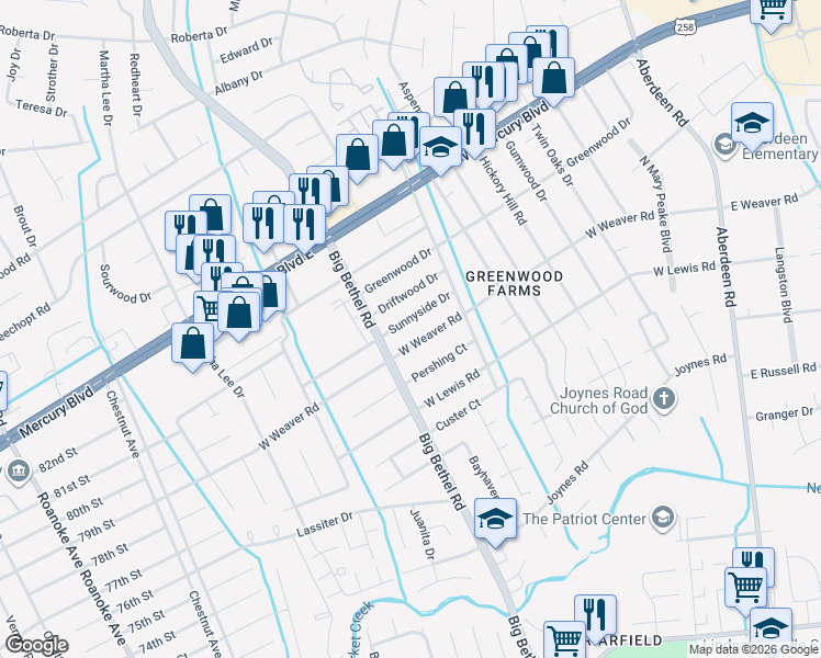 map of restaurants, bars, coffee shops, grocery stores, and more near 3319 West Weaver Road in Hampton