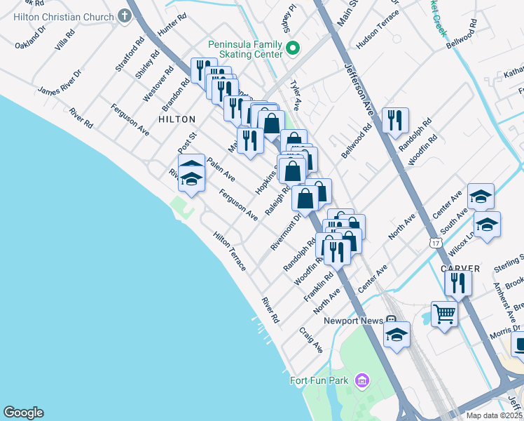 map of restaurants, bars, coffee shops, grocery stores, and more near 62 Raleigh Road in Newport News