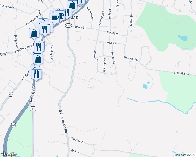 map of restaurants, bars, coffee shops, grocery stores, and more near 145 Kilkee Drive in Paducah