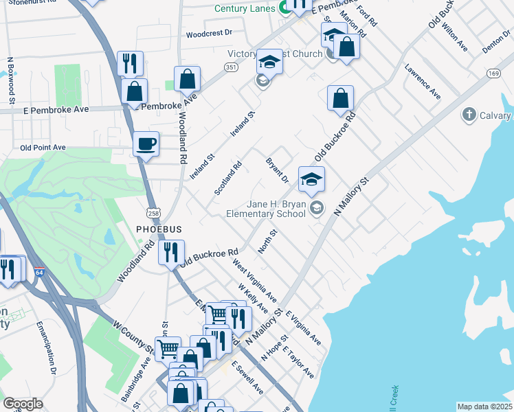 map of restaurants, bars, coffee shops, grocery stores, and more near 212 West Sherwood Avenue in Hampton