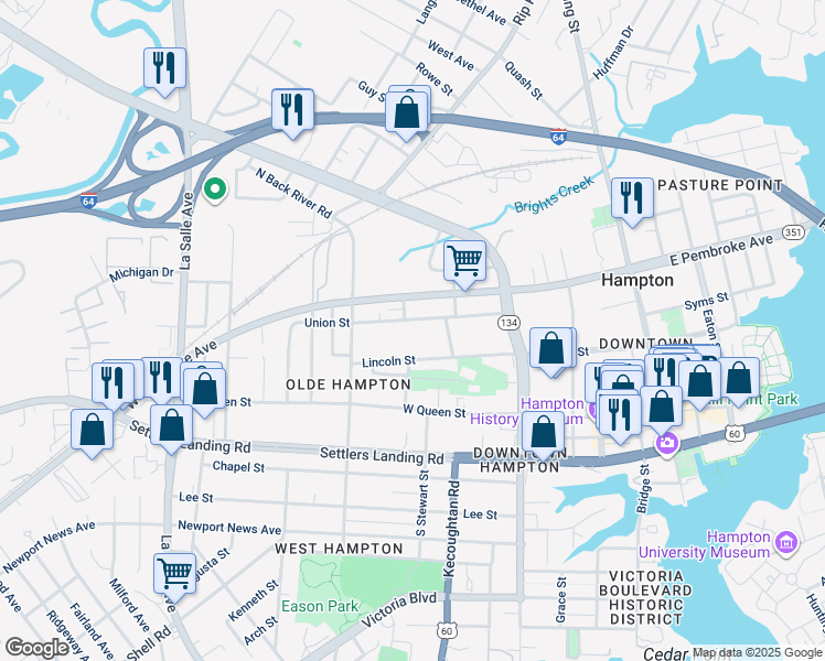 map of restaurants, bars, coffee shops, grocery stores, and more near 341 Union Street in Hampton