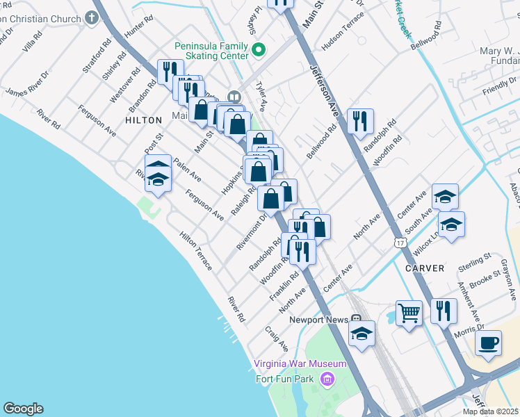 map of restaurants, bars, coffee shops, grocery stores, and more near 9961 Warwick Boulevard in Newport News