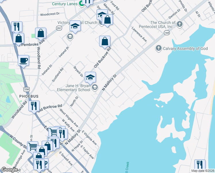 map of restaurants, bars, coffee shops, grocery stores, and more near in Hampton