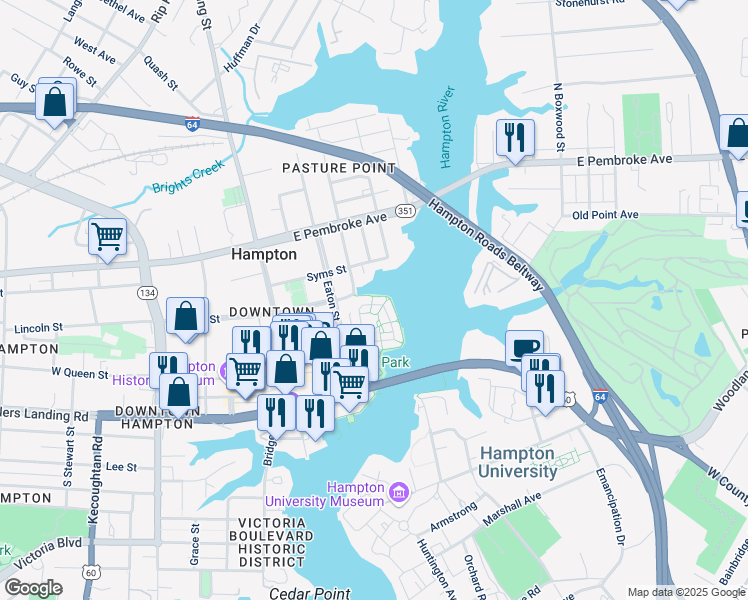 map of restaurants, bars, coffee shops, grocery stores, and more near 316 Syms Street in Hampton