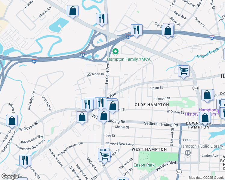 map of restaurants, bars, coffee shops, grocery stores, and more near 216 Parkdale Avenue in Hampton
