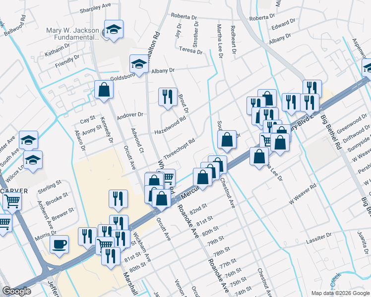 map of restaurants, bars, coffee shops, grocery stores, and more near 4704 Threechopt Road in Hampton