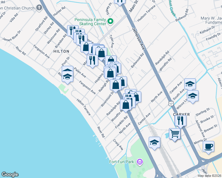 map of restaurants, bars, coffee shops, grocery stores, and more near 9961 Warwick Boulevard in Newport News