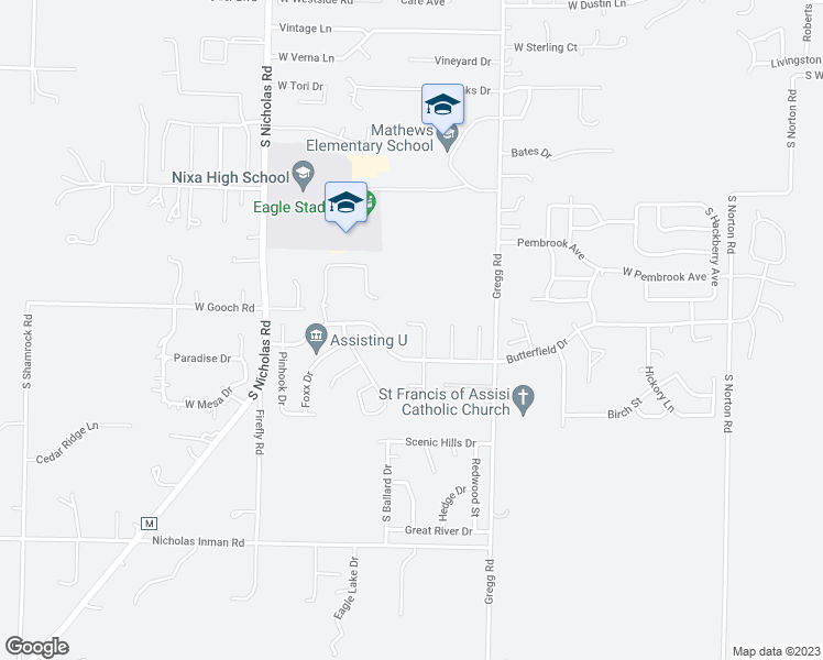map of restaurants, bars, coffee shops, grocery stores, and more near 1204 West Belwood Court in Nixa