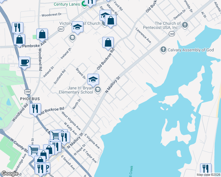 map of restaurants, bars, coffee shops, grocery stores, and more near in Hampton