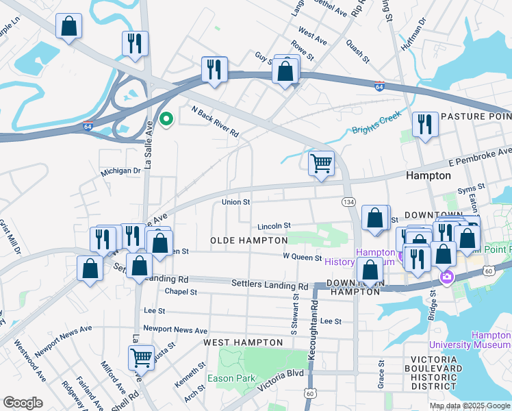 map of restaurants, bars, coffee shops, grocery stores, and more near 395 Union Street in Hampton