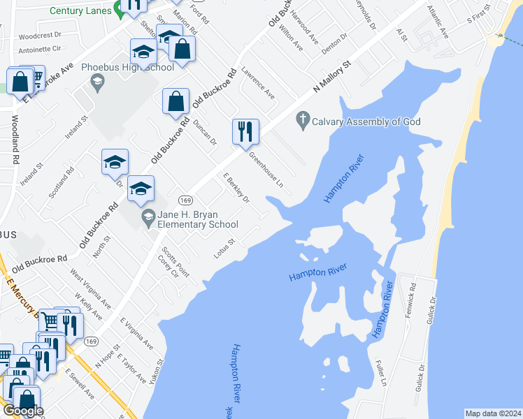 map of restaurants, bars, coffee shops, grocery stores, and more near 37 East Berkley Drive in Hampton