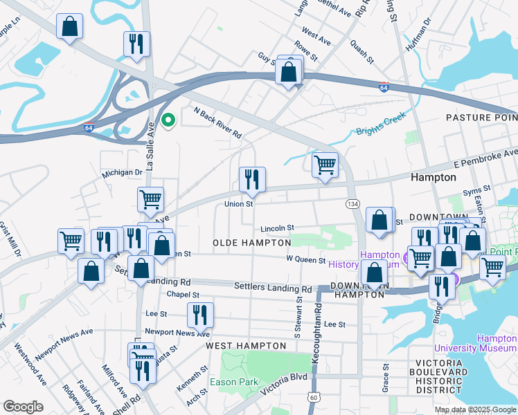 map of restaurants, bars, coffee shops, grocery stores, and more near 395 Union Street in Hampton