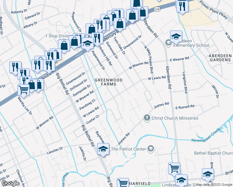 map of restaurants, bars, coffee shops, grocery stores, and more near 400 W Lewis Rd in Hampton