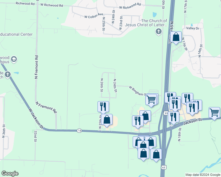 map of restaurants, bars, coffee shops, grocery stores, and more near 1012 North 25th Street in Ozark