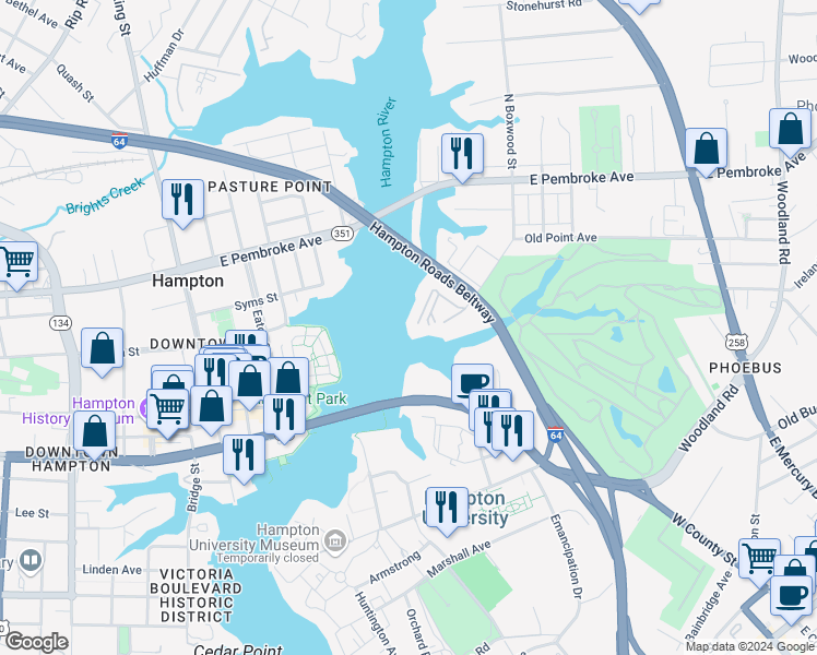 map of restaurants, bars, coffee shops, grocery stores, and more near 30 Brough Lane in Hampton