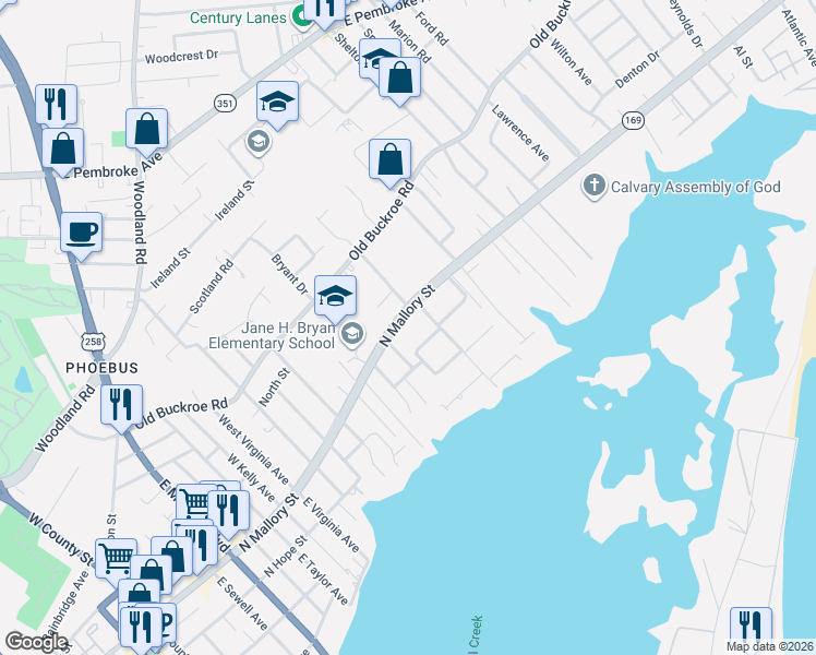 map of restaurants, bars, coffee shops, grocery stores, and more near in Hampton