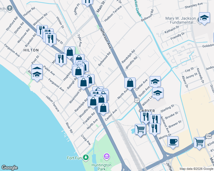 map of restaurants, bars, coffee shops, grocery stores, and more near 506 Randolph Road in Newport News
