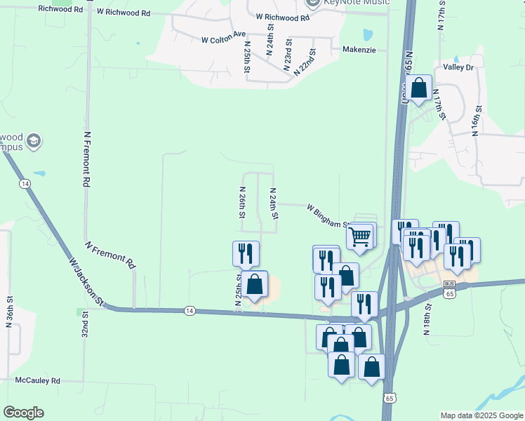 map of restaurants, bars, coffee shops, grocery stores, and more near 1101-1103 North 25th Street in Ozark
