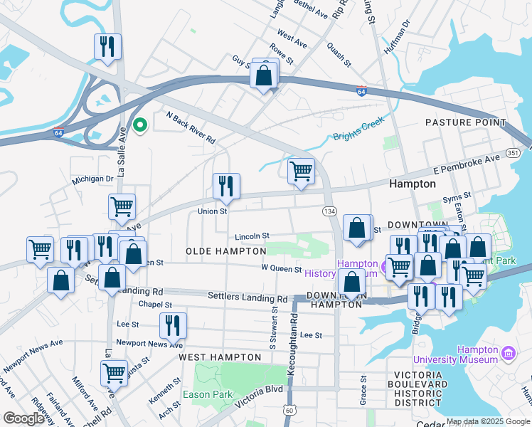 map of restaurants, bars, coffee shops, grocery stores, and more near 341 Union Street in Hampton