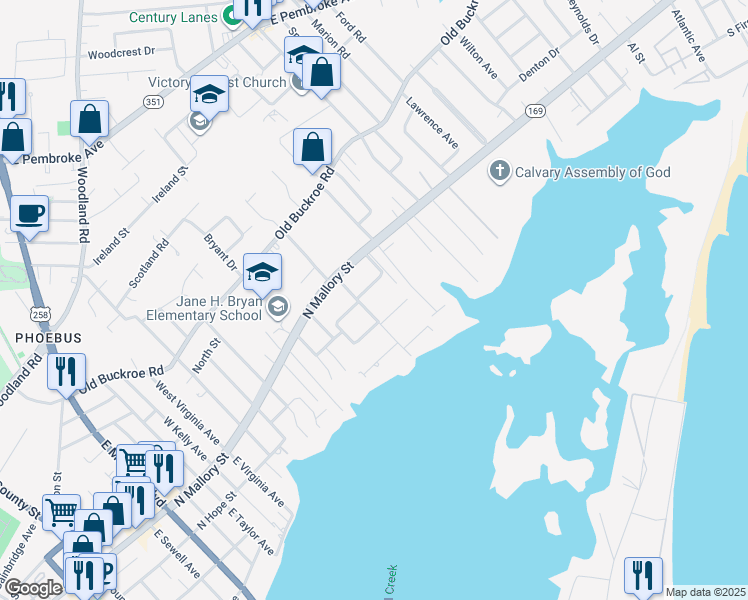 map of restaurants, bars, coffee shops, grocery stores, and more near 1215 Pansy Street in Hampton