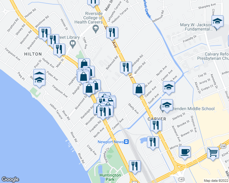 map of restaurants, bars, coffee shops, grocery stores, and more near 503 Woodfin Road in Newport News