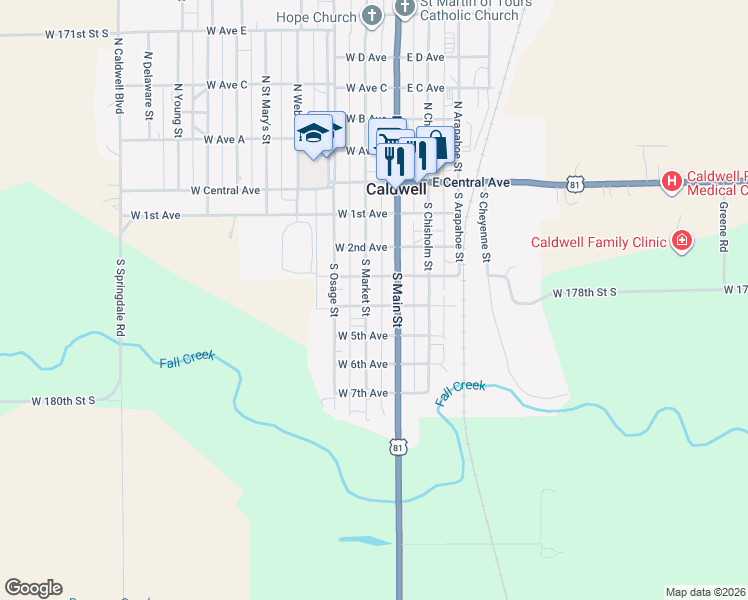 map of restaurants, bars, coffee shops, grocery stores, and more near 300-398 South Market Street in Caldwell