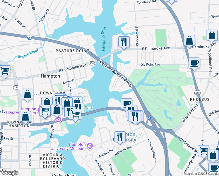 map of restaurants, bars, coffee shops, grocery stores, and more near 24 Brough Lane in Hampton