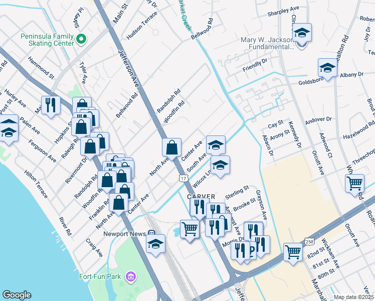 map of restaurants, bars, coffee shops, grocery stores, and more near 723 Center Avenue in Newport News