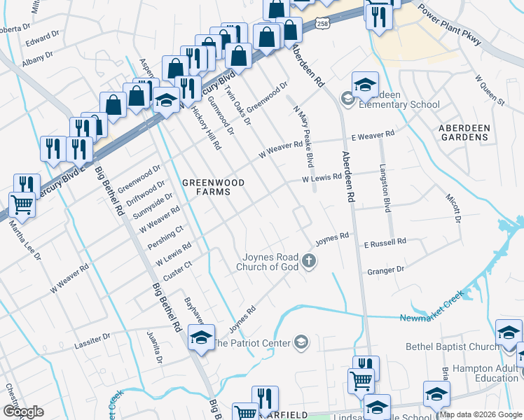 map of restaurants, bars, coffee shops, grocery stores, and more near 117 Hickory Hill Road in Hampton