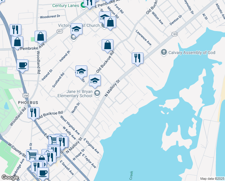map of restaurants, bars, coffee shops, grocery stores, and more near in Hampton
