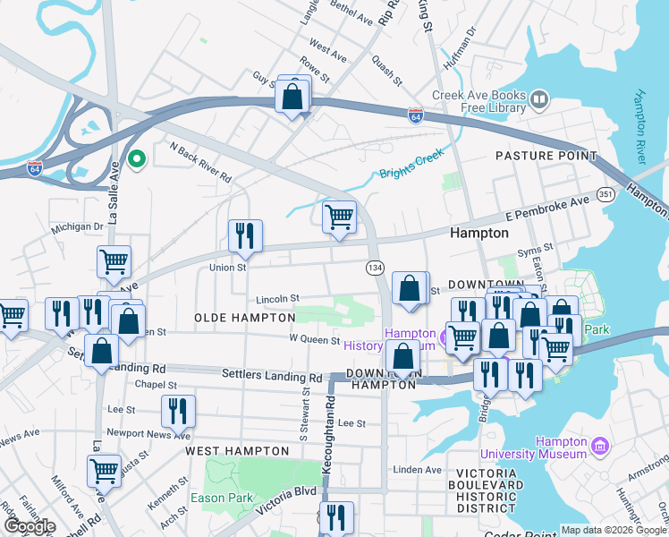 map of restaurants, bars, coffee shops, grocery stores, and more near 234 Union Street in Hampton