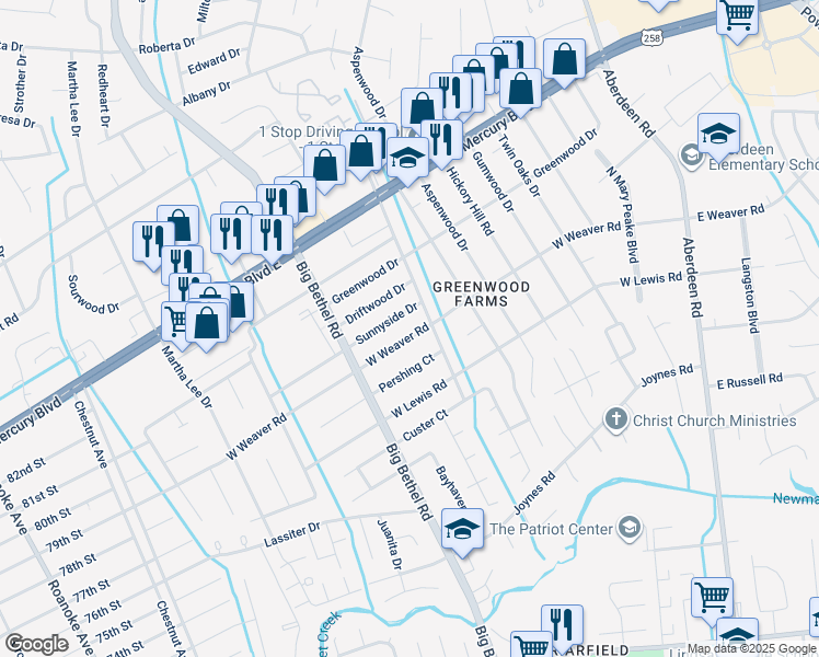 map of restaurants, bars, coffee shops, grocery stores, and more near 3306 West Weaver Road in Hampton