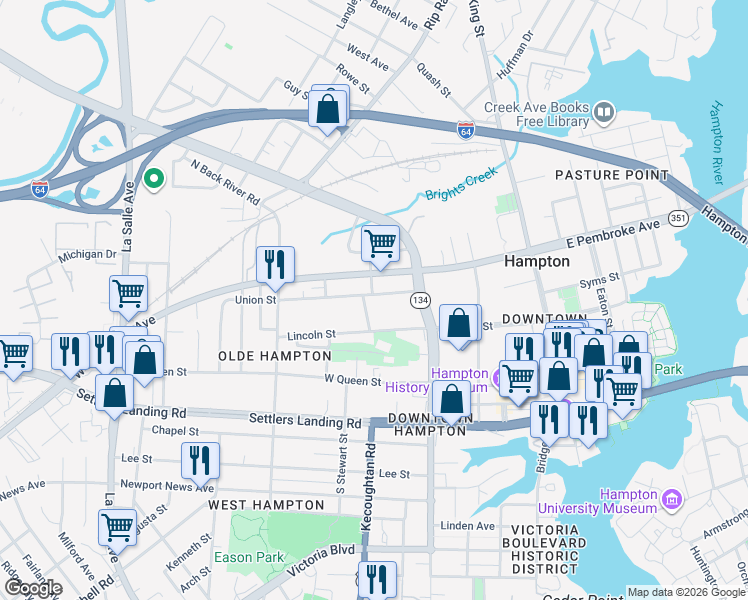 map of restaurants, bars, coffee shops, grocery stores, and more near 234 Union Street in Hampton