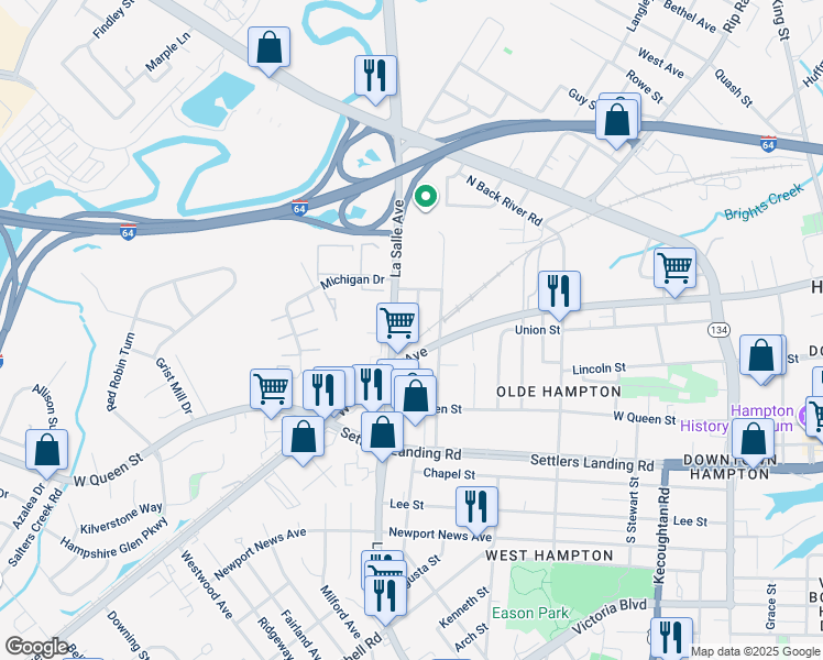map of restaurants, bars, coffee shops, grocery stores, and more near 1004 Georgia Street in Hampton