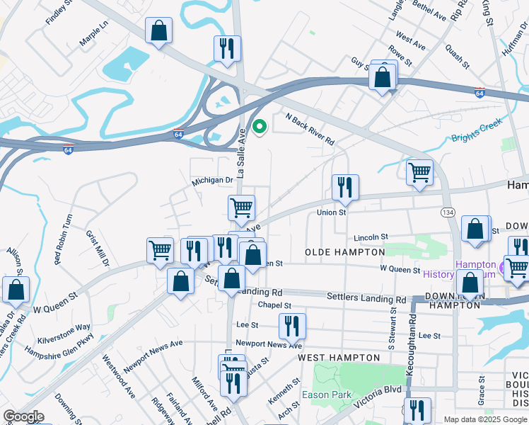 map of restaurants, bars, coffee shops, grocery stores, and more near 211 Patterson Avenue in Hampton