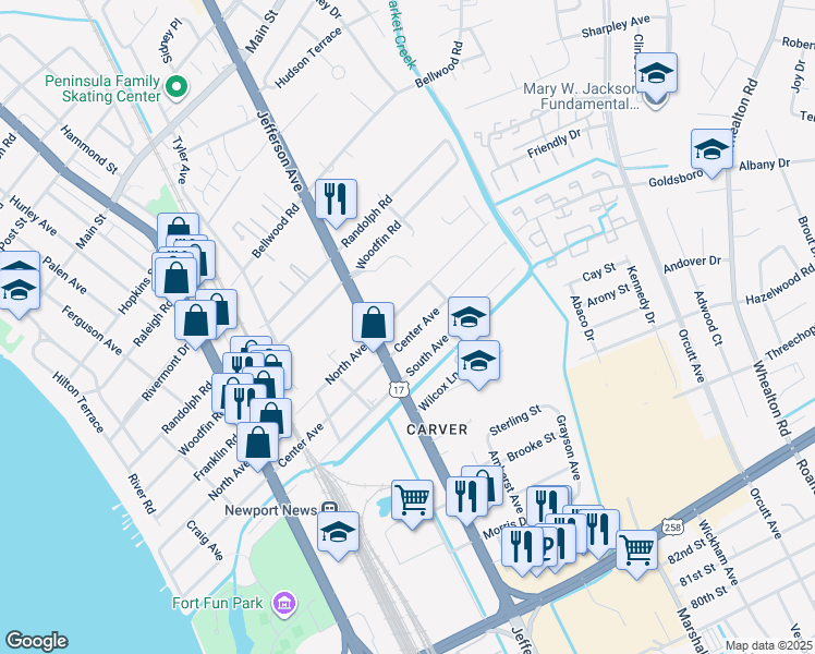 map of restaurants, bars, coffee shops, grocery stores, and more near 723 Center Avenue in Newport News