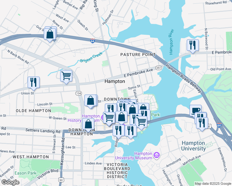 map of restaurants, bars, coffee shops, grocery stores, and more near 237 North King Street in Hampton