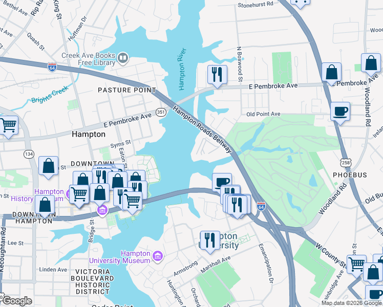 map of restaurants, bars, coffee shops, grocery stores, and more near 30 Brough Lane in Hampton
