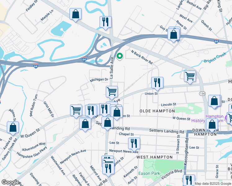 map of restaurants, bars, coffee shops, grocery stores, and more near 1004 Georgia Street in Hampton