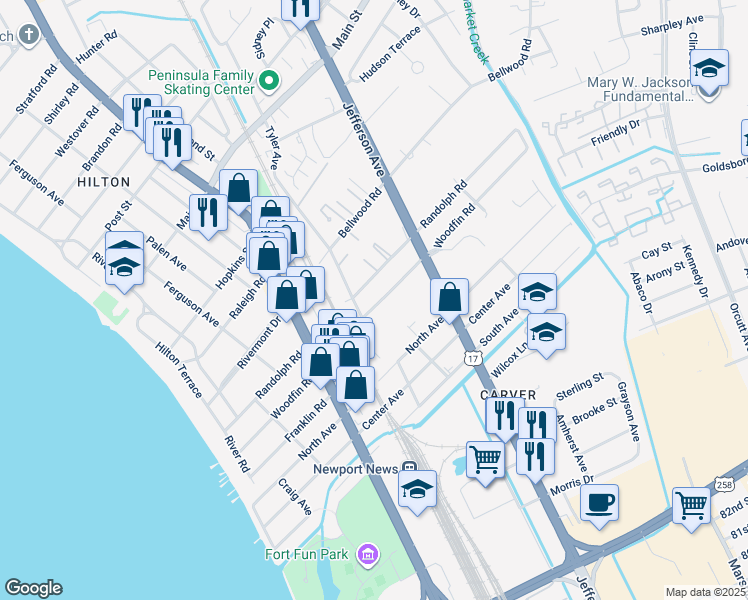 map of restaurants, bars, coffee shops, grocery stores, and more near 505 Woodfin Road in Newport News