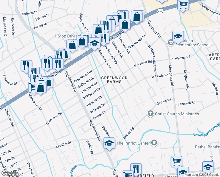 map of restaurants, bars, coffee shops, grocery stores, and more near 502 Persimmon Court in Hampton