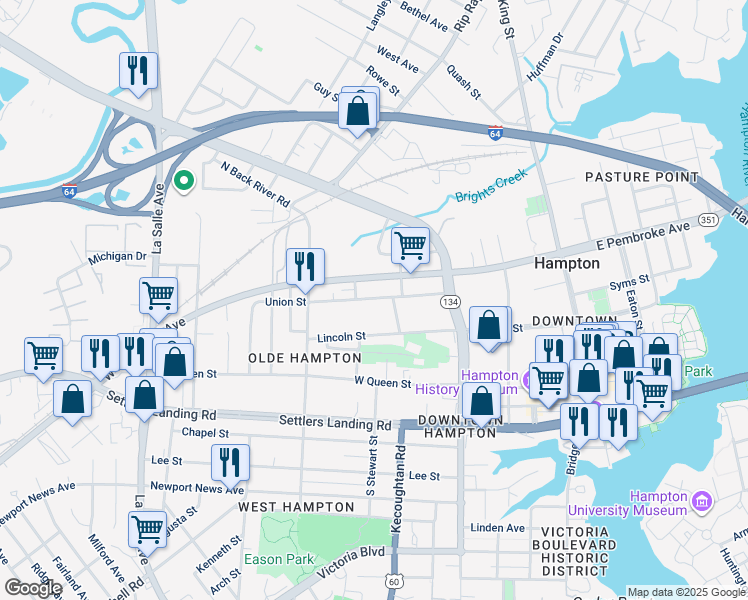 map of restaurants, bars, coffee shops, grocery stores, and more near 315 West Pembroke Avenue in Hampton