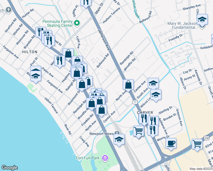 map of restaurants, bars, coffee shops, grocery stores, and more near 505 Woodfin Road in Newport News