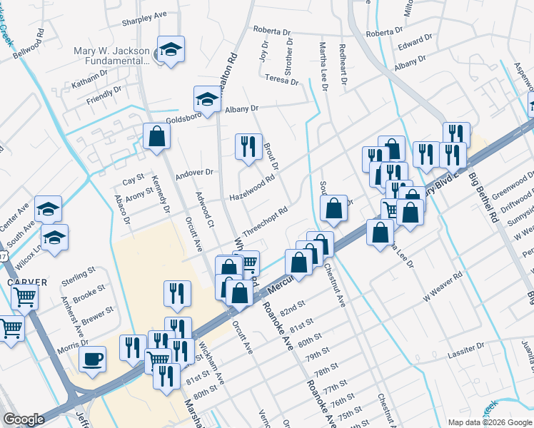 map of restaurants, bars, coffee shops, grocery stores, and more near 4704 Threechopt Road in Hampton