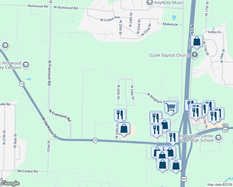 map of restaurants, bars, coffee shops, grocery stores, and more near 1101 North 26th Street in Ozark