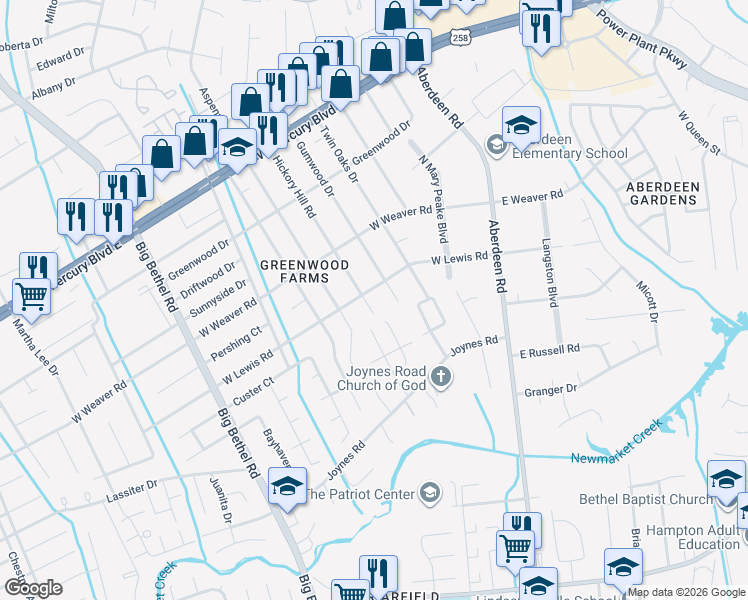 map of restaurants, bars, coffee shops, grocery stores, and more near 117 Hickory Hill Road in Hampton