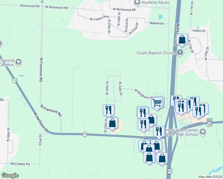 map of restaurants, bars, coffee shops, grocery stores, and more near 1101-1103 North 25th Street in Ozark